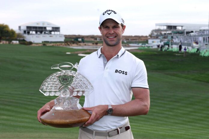 SCOTTSDALE, ARIZONA - FEBRUARY 09: Thomas Detry of Belgium poses with the winner's trophy after winning the WM Phoenix Open 2025 at TPC Scottsdale on February 09, 2025 in Scottsdale, Arizona. Andy Lyons,Image: 961698113, License: Rights-managed, Restrictions: , Model Release: no